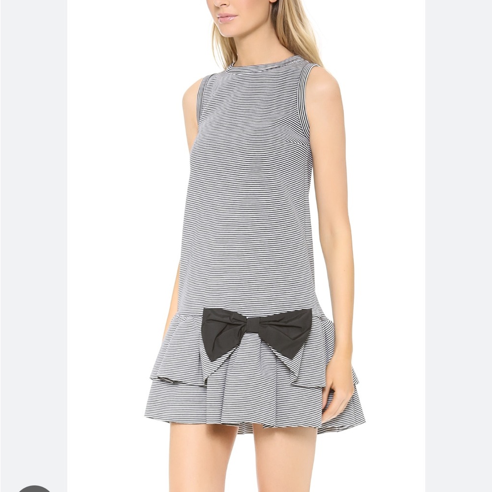 Red Valentino black and white striped cotton mini sleeveless dress with bow